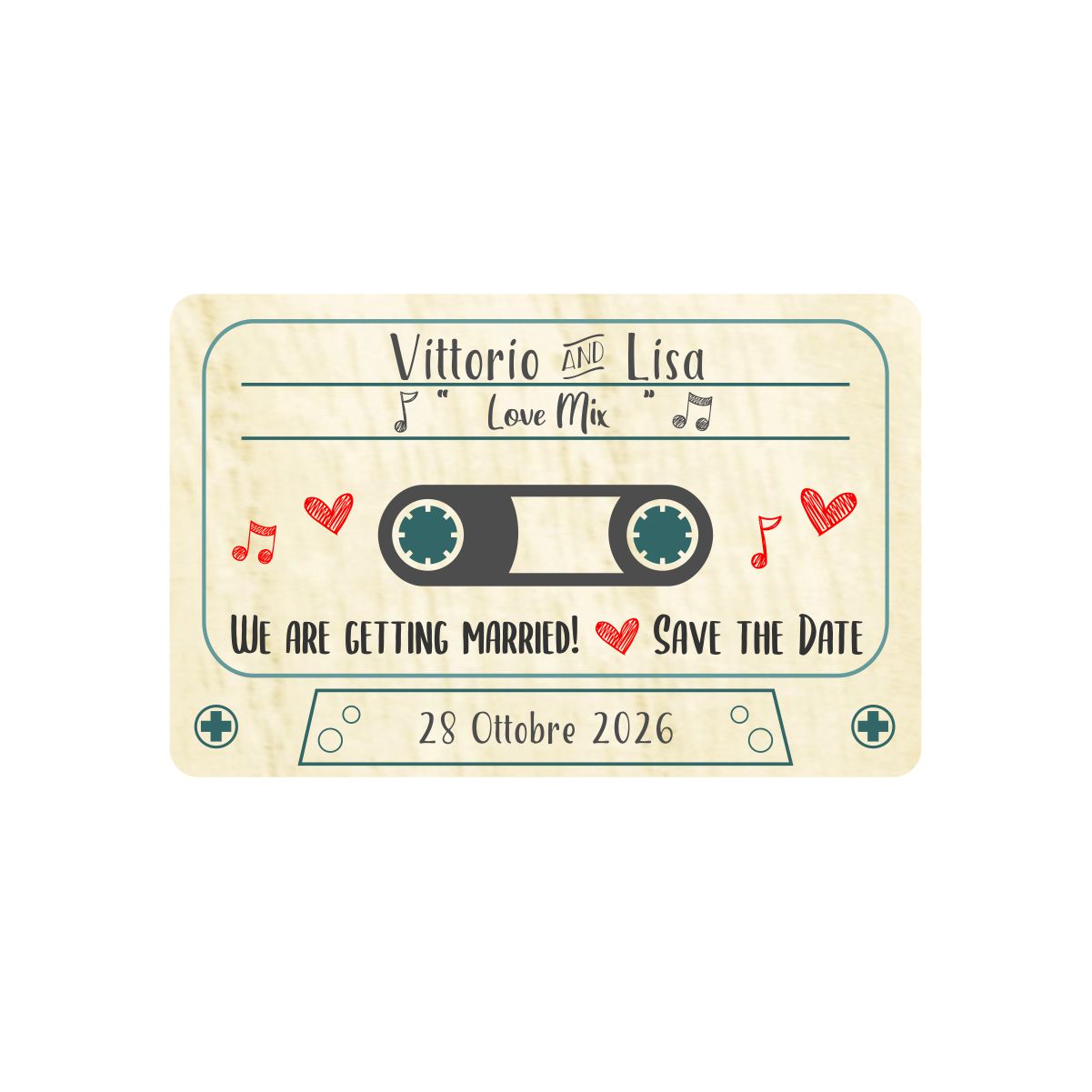 Magnete Save the date a forma di musicassetta
