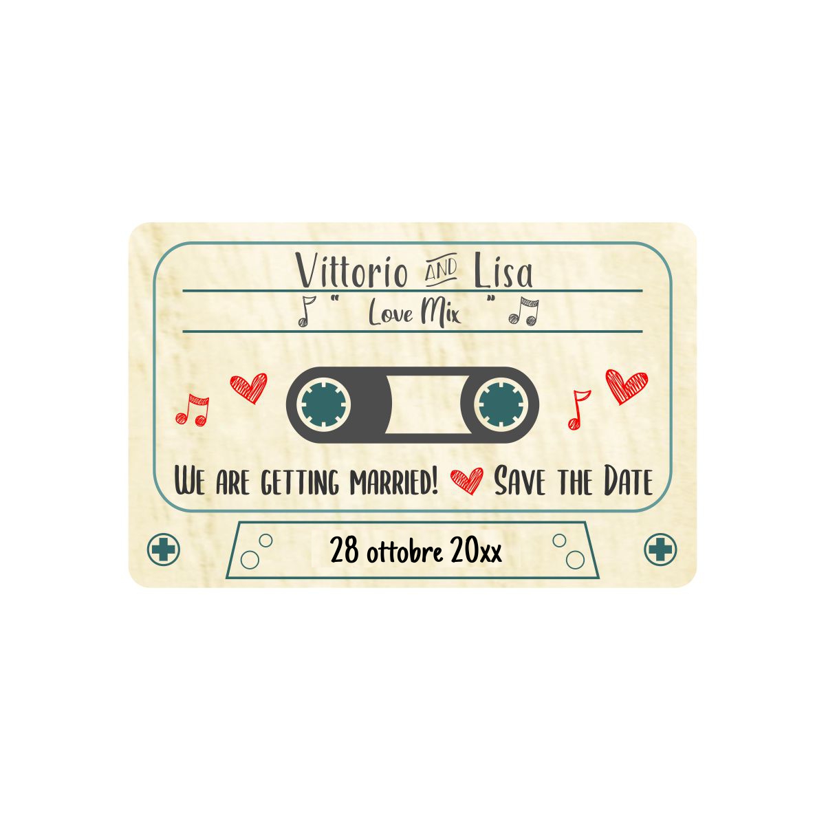 Save the Date in legno a colori a forma di musicassetta